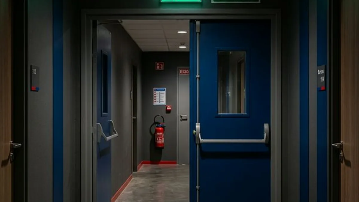 Bloc Autonome d'Éclairage de Sécurité (BAES) installé au-dessus d'une issue de secours dans un immeuble des Yvelines