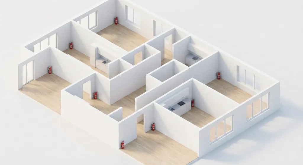 Plan 3D d'implantation d'extincteurs en bureau conforme R4