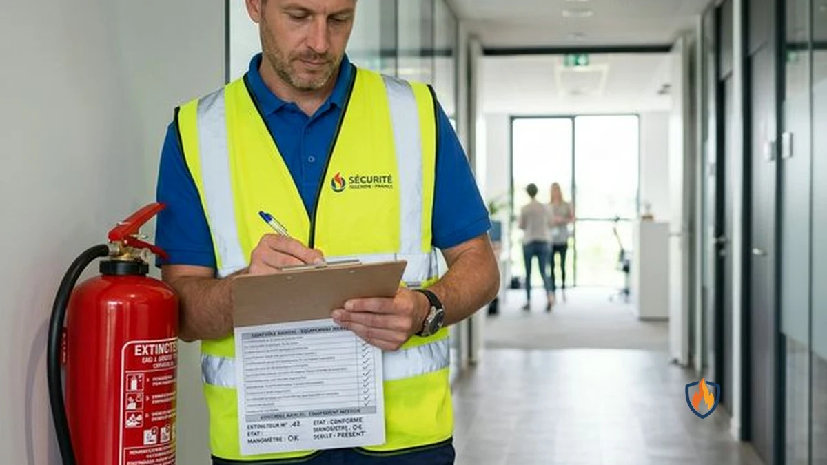 Technicien Verifincendie effectuant un contrôle visuel d'extincteur selon la checklist APSAD R4 dans les Yvelines