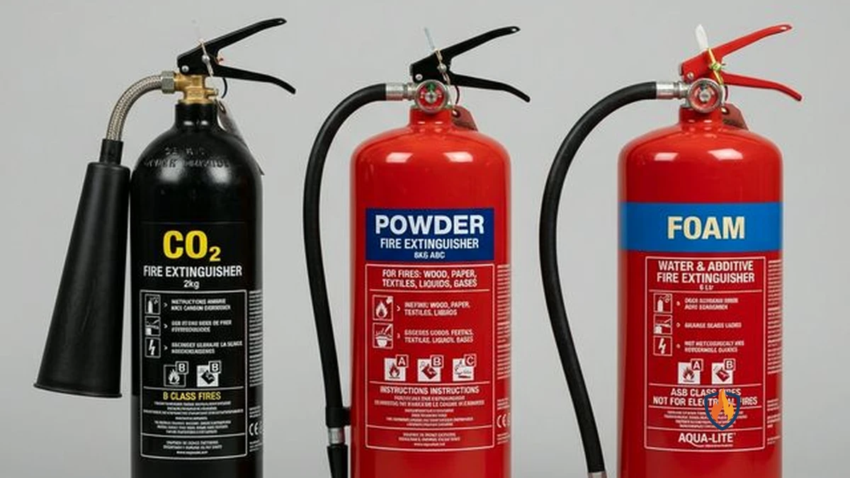 Comparatif visuel des trois types d'extincteurs : CO2 (noir), Poudre (rouge) et Eau avec additif (bande bleue)