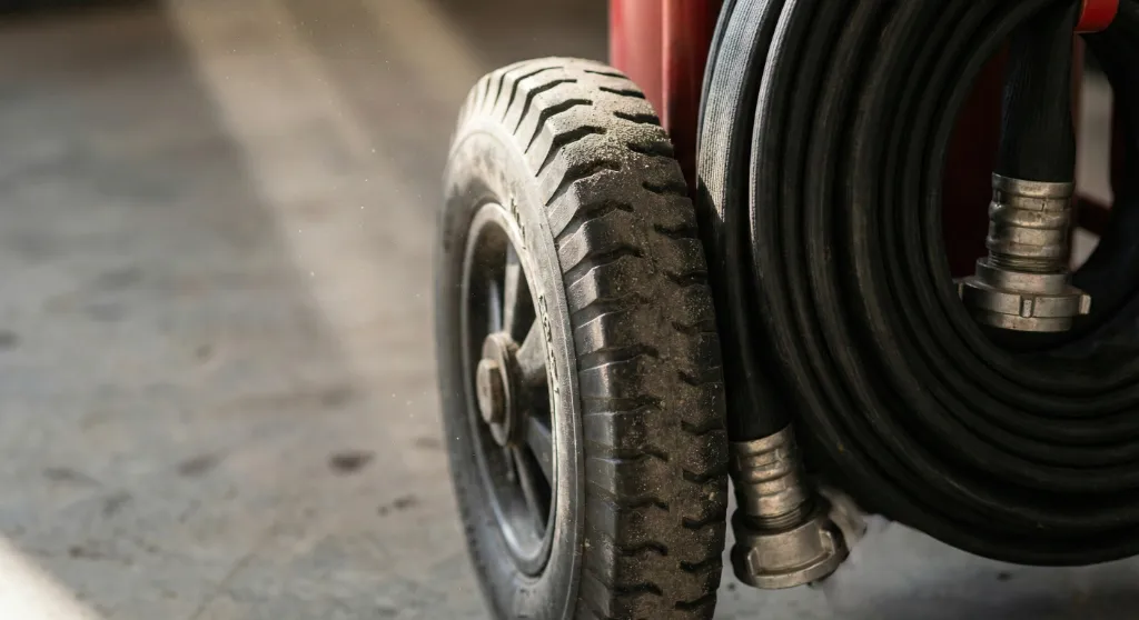 Détail des roues et du tuyau d'un extincteur mobile industriel 50kg