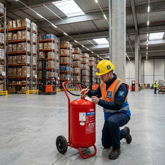 Technicien Verifincendie vérifiant un extincteur sur roues de 50kg dans un entrepôt logistique