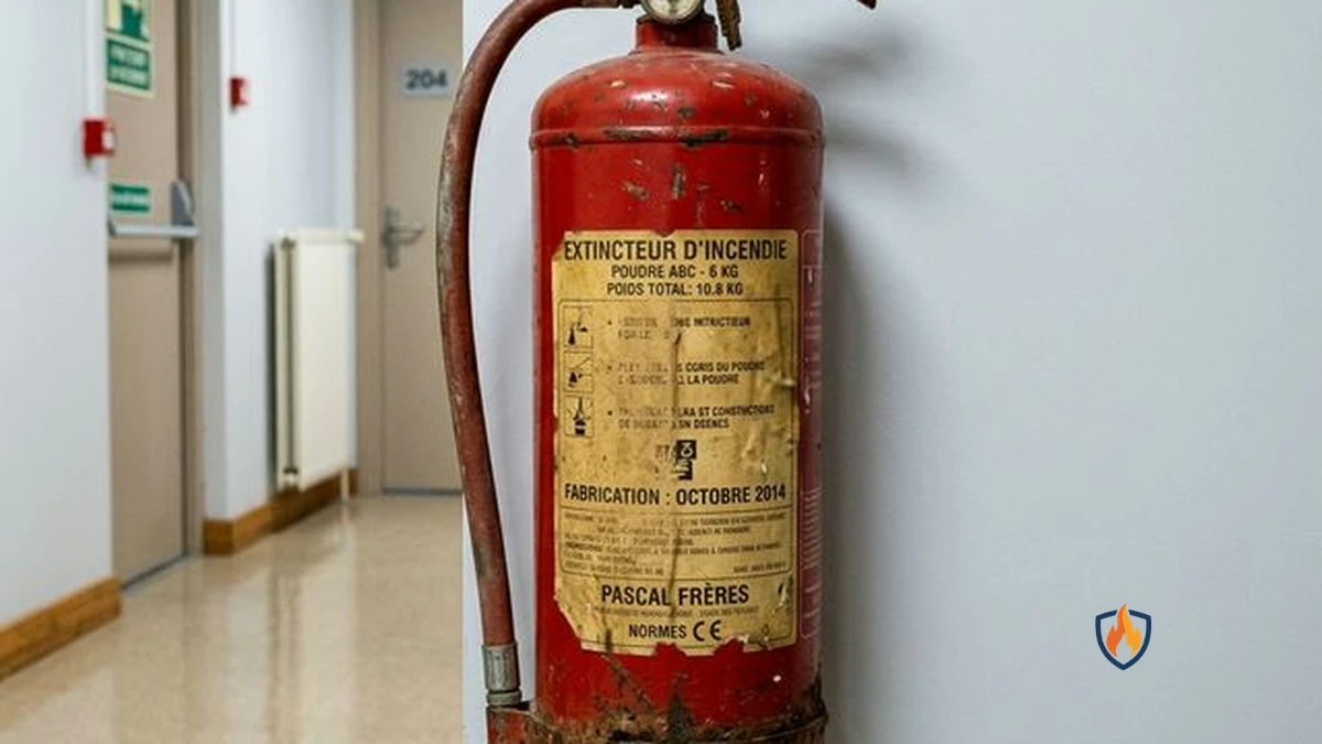 Extincteur périmé de plus de 10 ans présentant des signes de corrosion et une étiquette usée — remplacement obligatoire