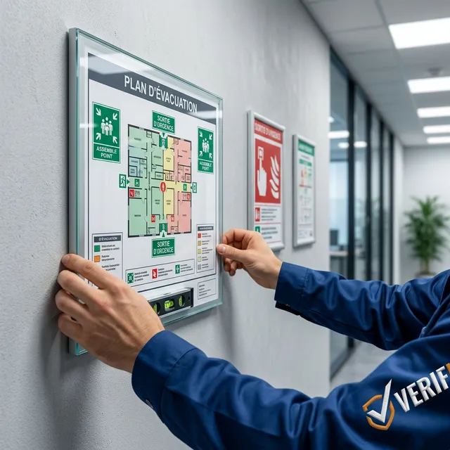 Technicien installant un plan d'évacuation conforme ISO et NF X 08-070
