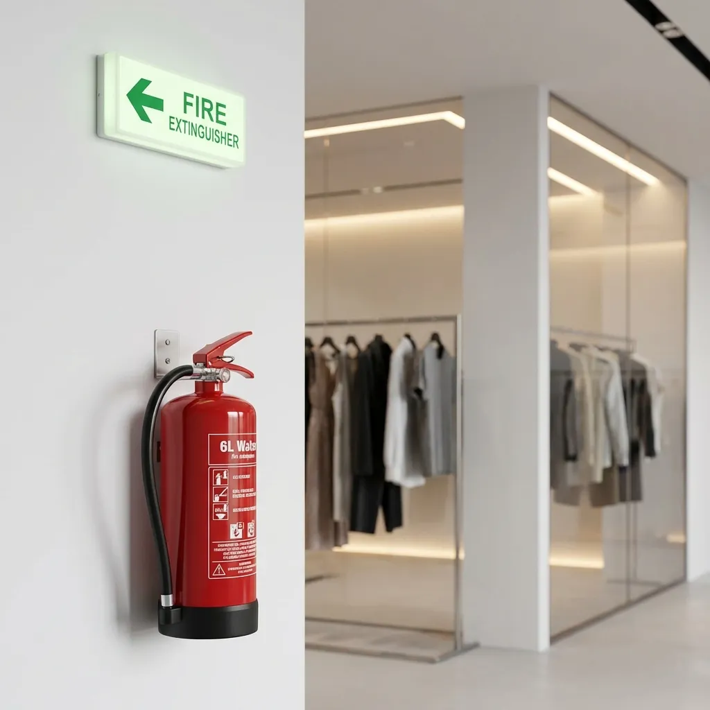 Extincteur installé proprement dans un commerce moderne